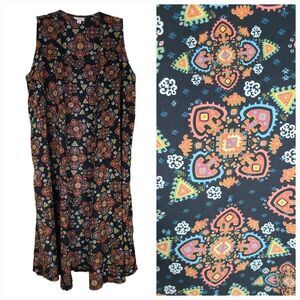 LuLaRoe Joy Vest Black Silky Soft Sleeveless Tribal Print Long Cardigan Duster